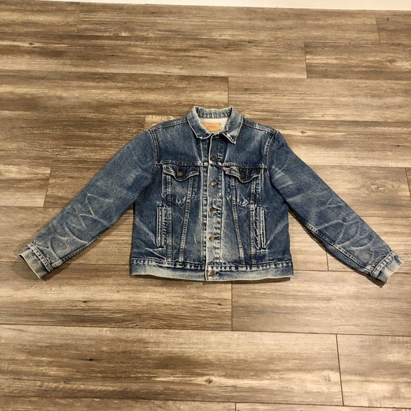 Vintage Levi's Trucker Jacket 42 Large Blue Jean Denim Pockets Button Front Men - Picture 2 of 14